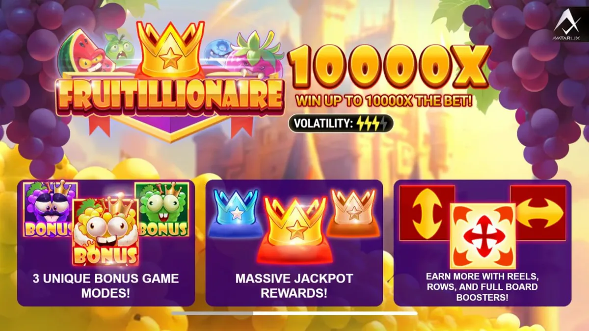 Interface do slot Fruitillionaire com frutas furiosas e elementos de tesouro