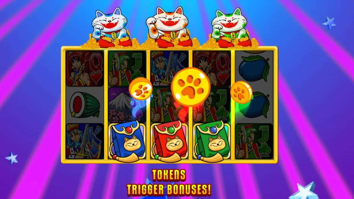 Interface colorida do slot Super Graphics Upside Down com gatos da sorte.