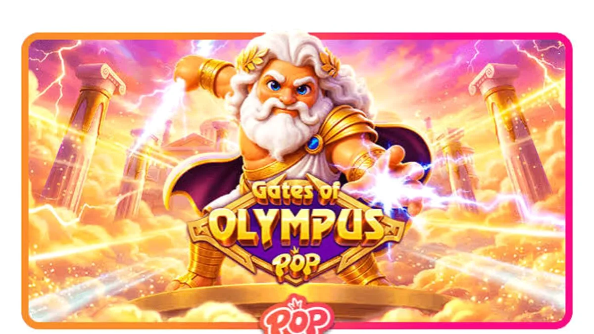 Interface do jogo Gates of Olympus POP com Zeus e símbolos dourados