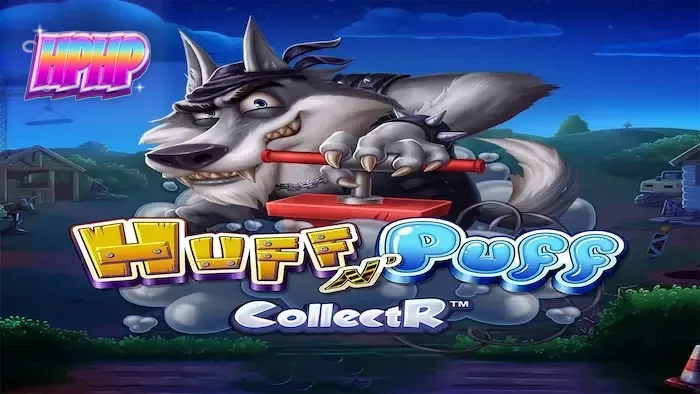 Interface colorida e dinâmica do jogo Huff N' Puff CollectR com porquinhos e lobo